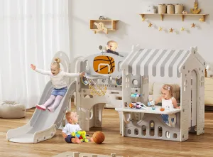 BIERUM 10 in 1 Toddler Slide with Basketball Hoop, Outdoor Slide for Toddlers Age 1-3 with Kid Playhouse, Indoor Toddler Playset Toddler Playground with Afternoon Tea Toy Set Beige Gray