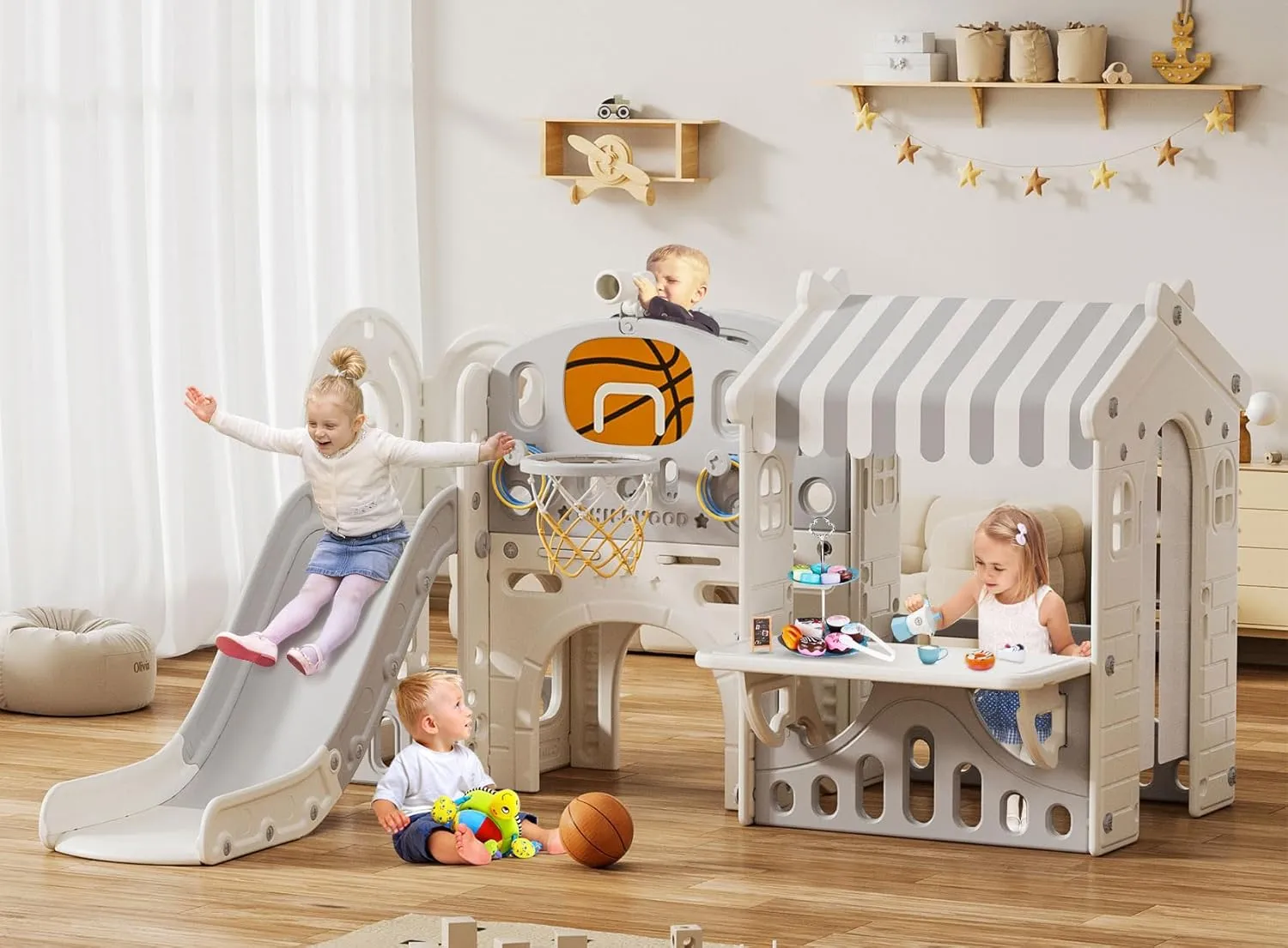 BIERUM 10 in 1 Toddler Slide with Basketball Hoop, Outdoor Slide for Toddlers Age 1-3 with Kid Playhouse, Indoor Toddler Playset Toddler Playground with Afternoon Tea Toy Set Beige Gray