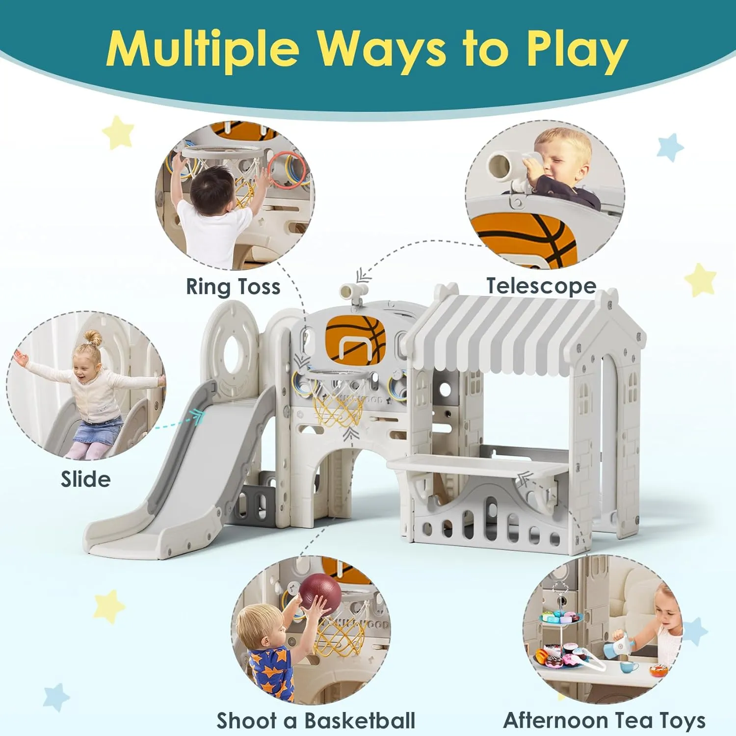 BIERUM 10 in 1 Toddler Slide with Basketball Hoop, Outdoor Slide for Toddlers Age 1-3 with Kid Playhouse, Indoor Toddler Playset Toddler Playground with Afternoon Tea Toy Set Beige Gray