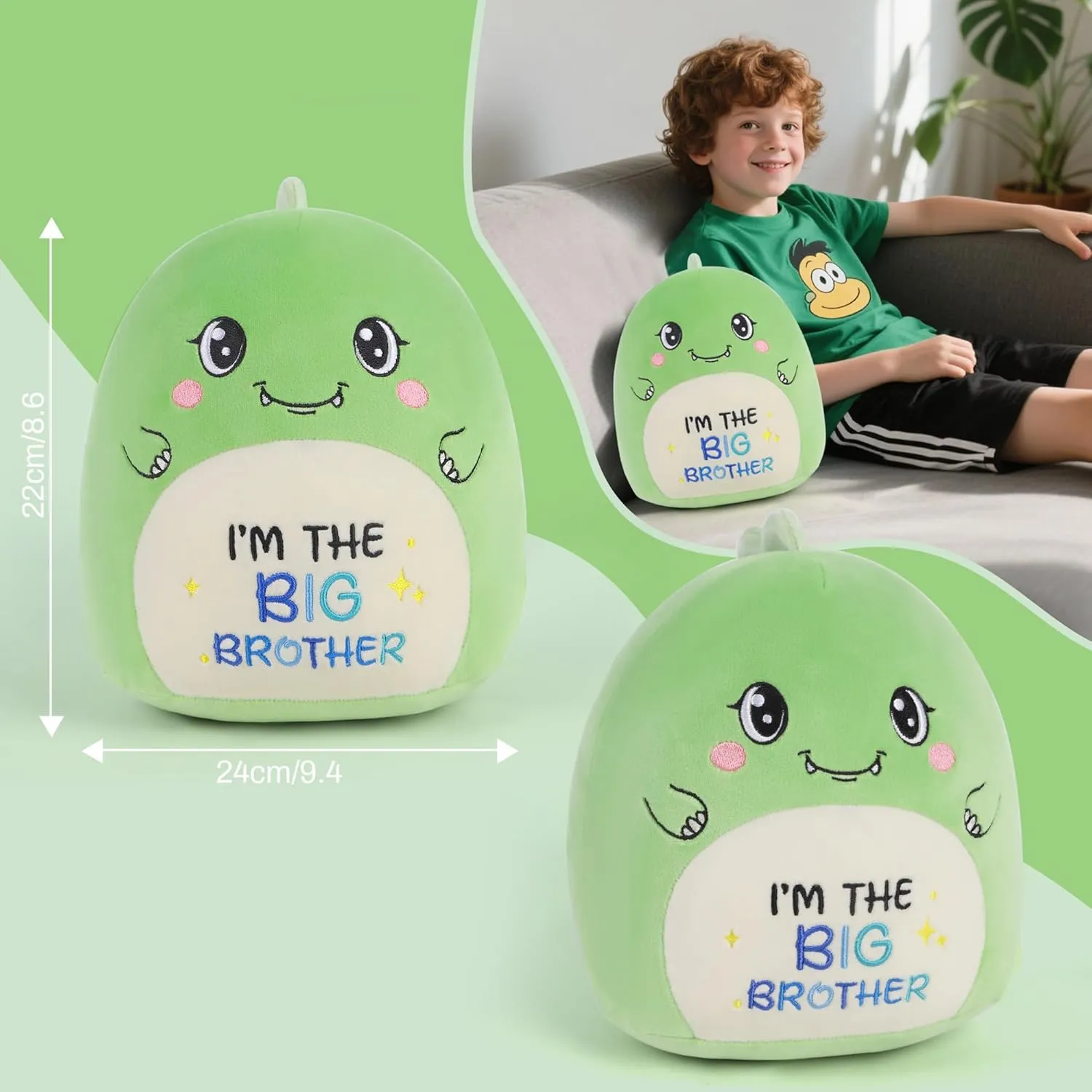 Big Brother Dinosaur Stuffed Animals: 9-Inch Cute Green Dinosaur Plush Toys, I’m The Big Brother Plushie Pillows, New Sibling Gifts for Boys Baby Shower Present