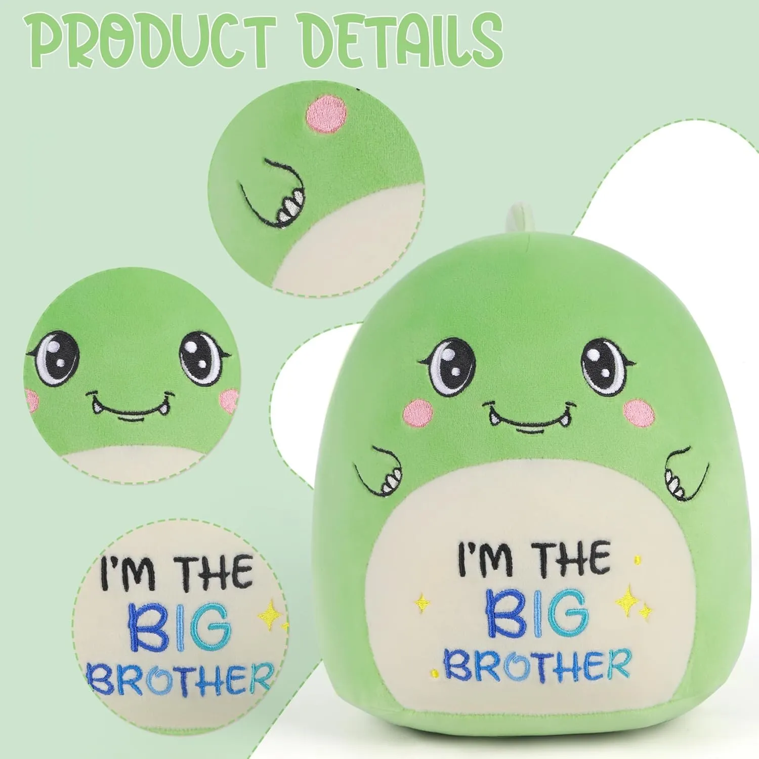 Big Brother Dinosaur Stuffed Animals: 9-Inch Cute Green Dinosaur Plush Toys, I’m The Big Brother Plushie Pillows, New Sibling Gifts for Boys Baby Shower Present