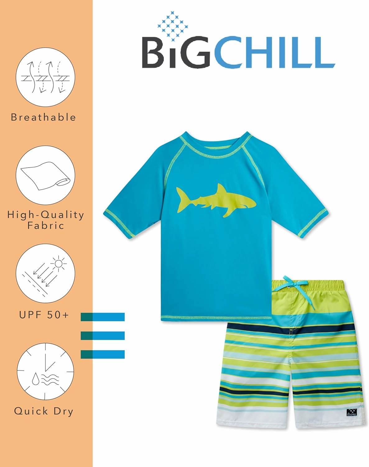 Big Chill Boys Rash Guard Set - 2 Piece UPF 50  Quick Dry Short Sleeve Swim Shirt and Swim Trunks for Boys (Sizes: 4-14)