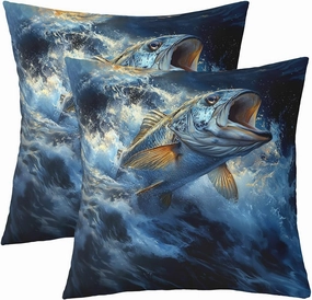 Big Fish Throw Pillow Covers,Bass Big Fish Hunting and Fishing Themed Cushion Covers 18"x18",Kids Boys Girls Blue Underwater Animals Pillowcases for Car RV,Ocean Sea Wave Pillow Covers,Set of 2