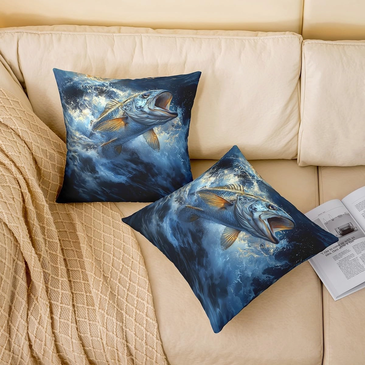 Big Fish Throw Pillow Covers,Bass Big Fish Hunting and Fishing Themed Cushion Covers 18"x18",Kids Boys Girls Blue Underwater Animals Pillowcases for Car RV,Ocean Sea Wave Pillow Covers,Set of 2