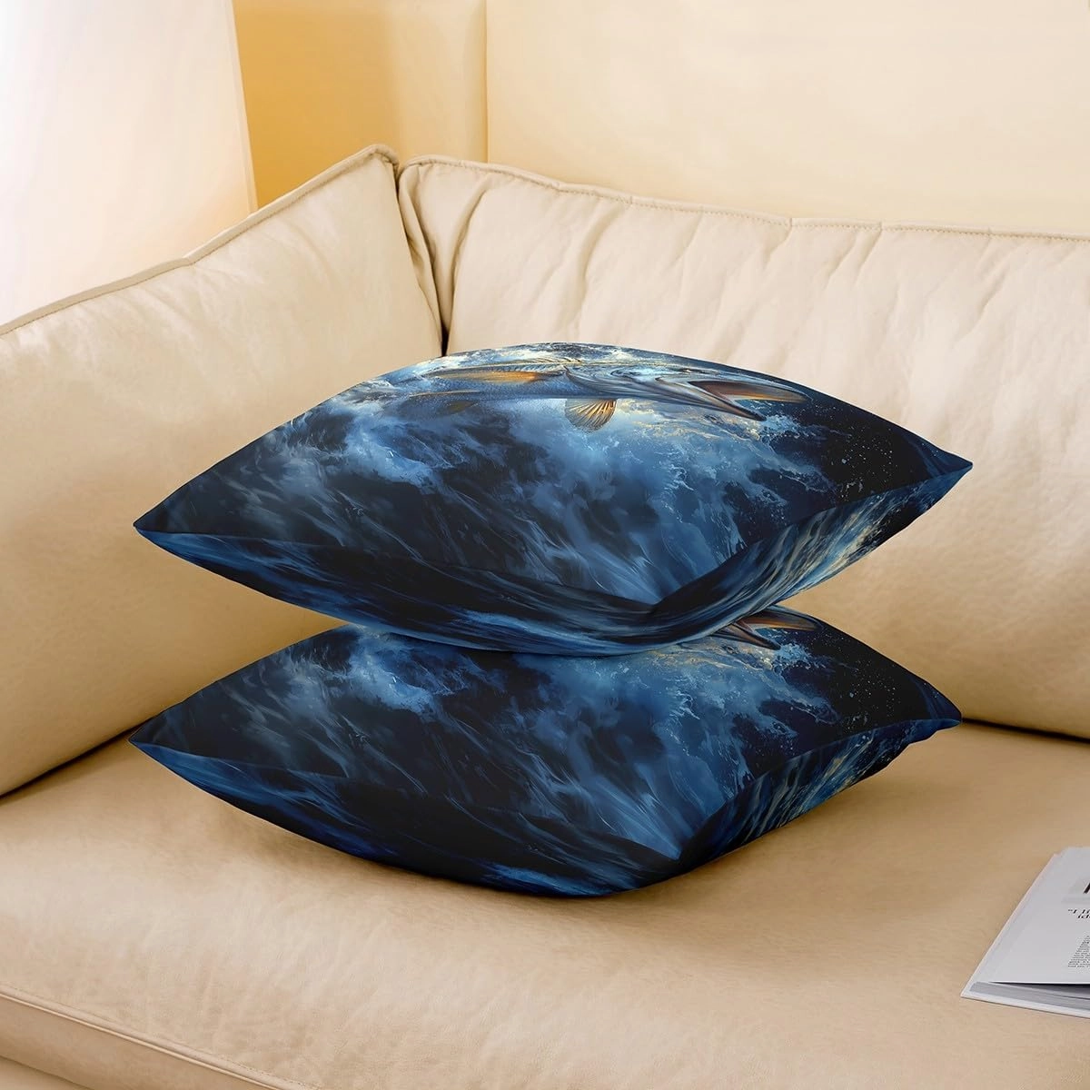 Big Fish Throw Pillow Covers,Bass Big Fish Hunting and Fishing Themed Cushion Covers 18"x18",Kids Boys Girls Blue Underwater Animals Pillowcases for Car RV,Ocean Sea Wave Pillow Covers,Set of 2