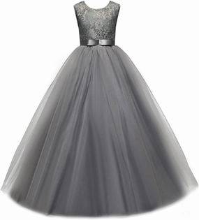 Big Girl Flower Lace Princess Tulle Long Dress for Kids Prom Formal Pageant Dance Gown
