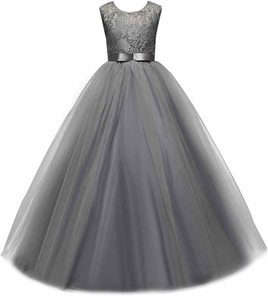 Big Girl Flower Lace Princess Tulle Long Dress for Kids Prom Formal Pageant Dance Gown