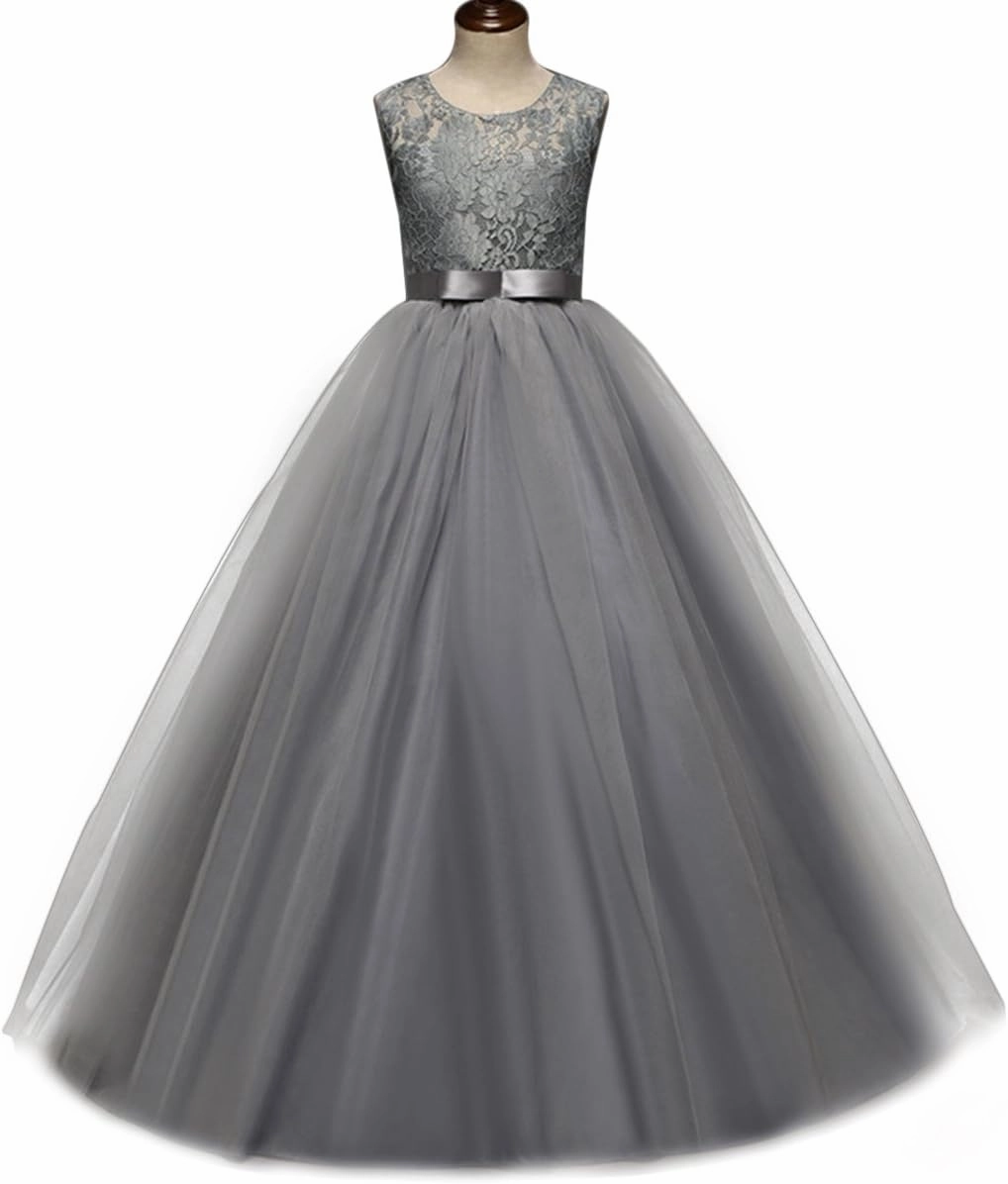 Big Girl Flower Lace Princess Tulle Long Dress for Kids Prom Formal Pageant Dance Gown