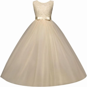 Big Girl Flower Lace Princess Tulle Long Dress for Kids Prom Formal Pageant Dance Gown