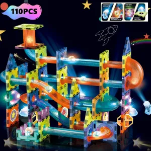 BINZKBB Light Magnetic Tiles Building Blocks for Kids,3D Clear Educational STEM Building Toys,Magnetic Marble Run Blocks Toys for Kids Ages 3 4 5 6 7 8 10 Year Old Boys Girls Creative Gift(110 PCS)