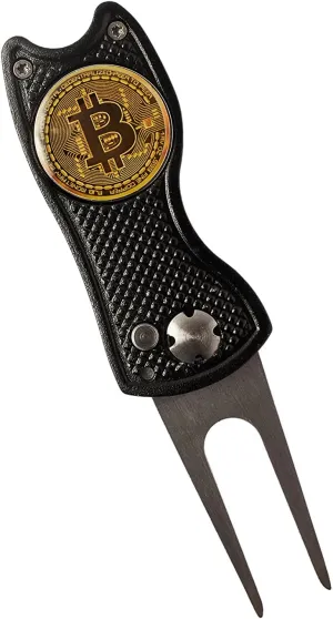 Bitcoin Golf Divot Repair Tool, All-Metal - Golf Accessories - 3- in-1 Golf Multitool (Divot Tool, Ball Marker, Club Holder)- Foldable with with Pop-up Button & Magnetic Ball Marker - Black and Silver