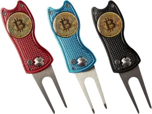 Bitcoin Golf Divot Repair Tool, All-Metal Golf Accessories - 3- in-1 Golf Multitool (Divot Tool, Ball Marker, Club Holder) | Foldable with with Pop-up Button - Red, Blue & Black