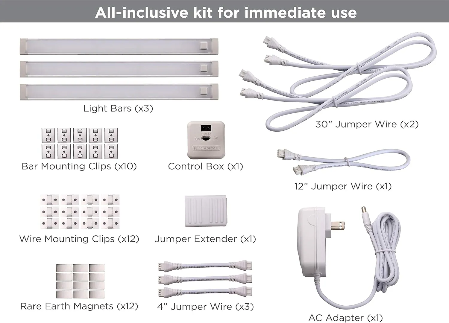 BLACK DECKER LED Under Cabinet Lighting Kit, 3-Bars, 12in. Each, DIY Tool-Free Install w/Magnetic Option, Daylight, 5000K, 1290 Lumens (LEDUC12-3DK)