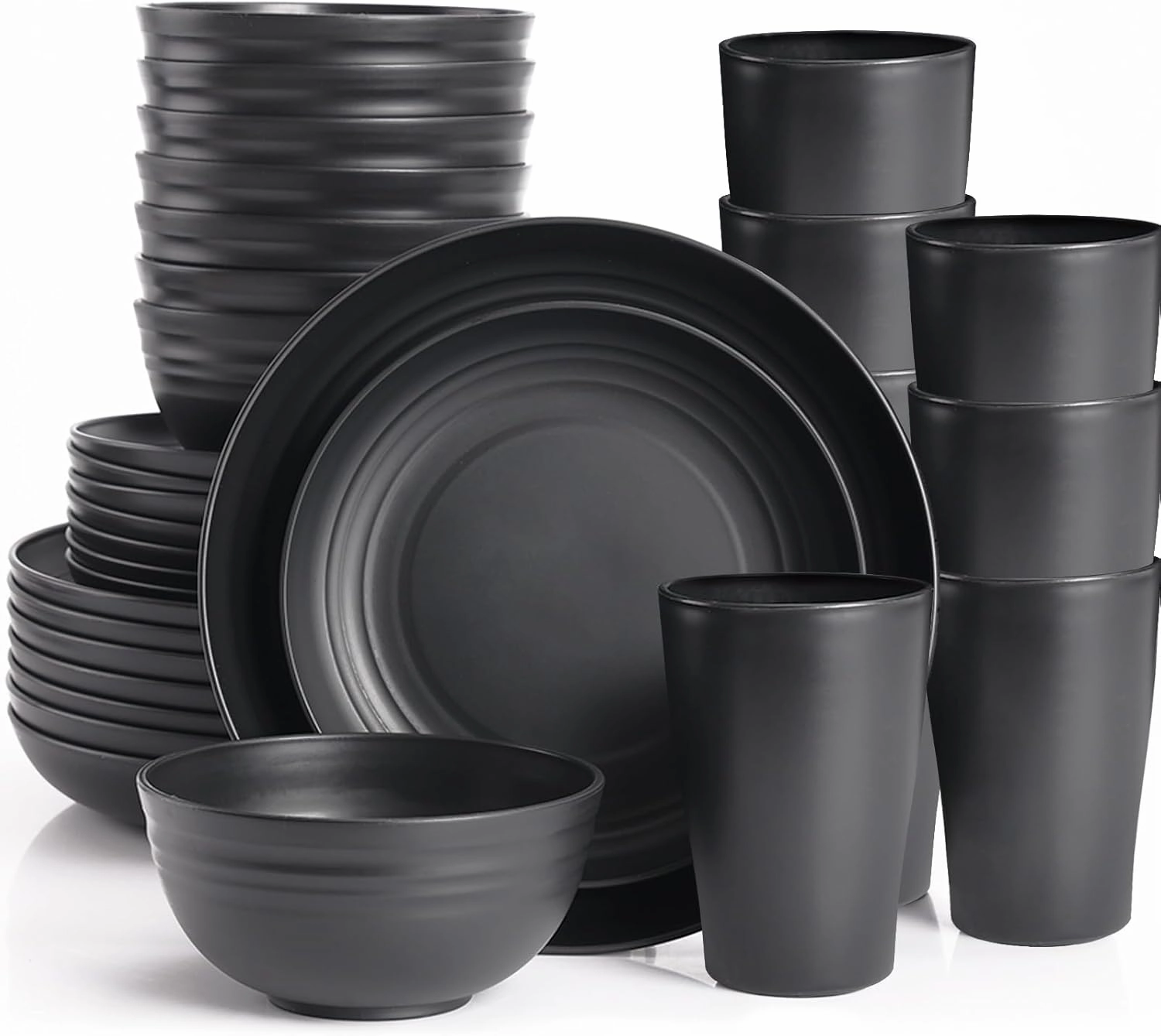 Black Plates and Bowls Sets for 8,Wheat Straw Dinnerware Sets Black Plastic Reusable Dishwasher Safe for Kitchen Camping,32 Pcs Lightweight Unbreakable Plastic Dishes Set Outdoor