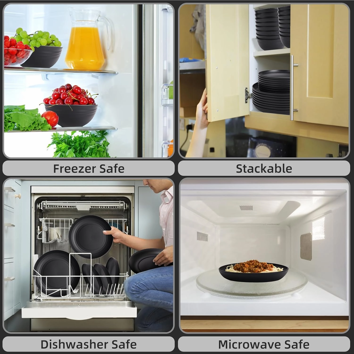 Black Plates and Bowls Sets for 8,Wheat Straw Dinnerware Sets Black Plastic Reusable Dishwasher Safe for Kitchen Camping,32 Pcs Lightweight Unbreakable Plastic Dishes Set Outdoor