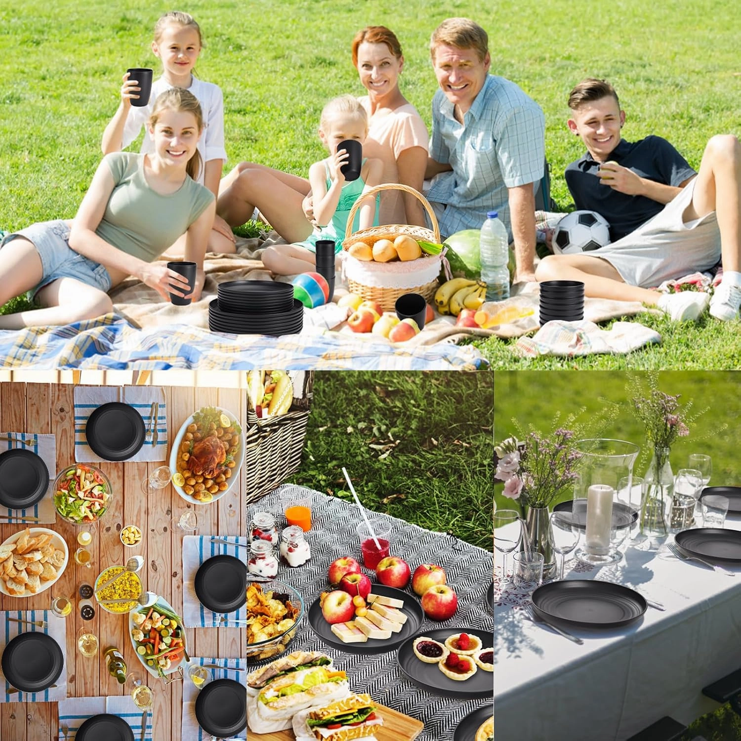 Black Plates and Bowls Sets for 8,Wheat Straw Dinnerware Sets Black Plastic Reusable Dishwasher Safe for Kitchen Camping,32 Pcs Lightweight Unbreakable Plastic Dishes Set Outdoor