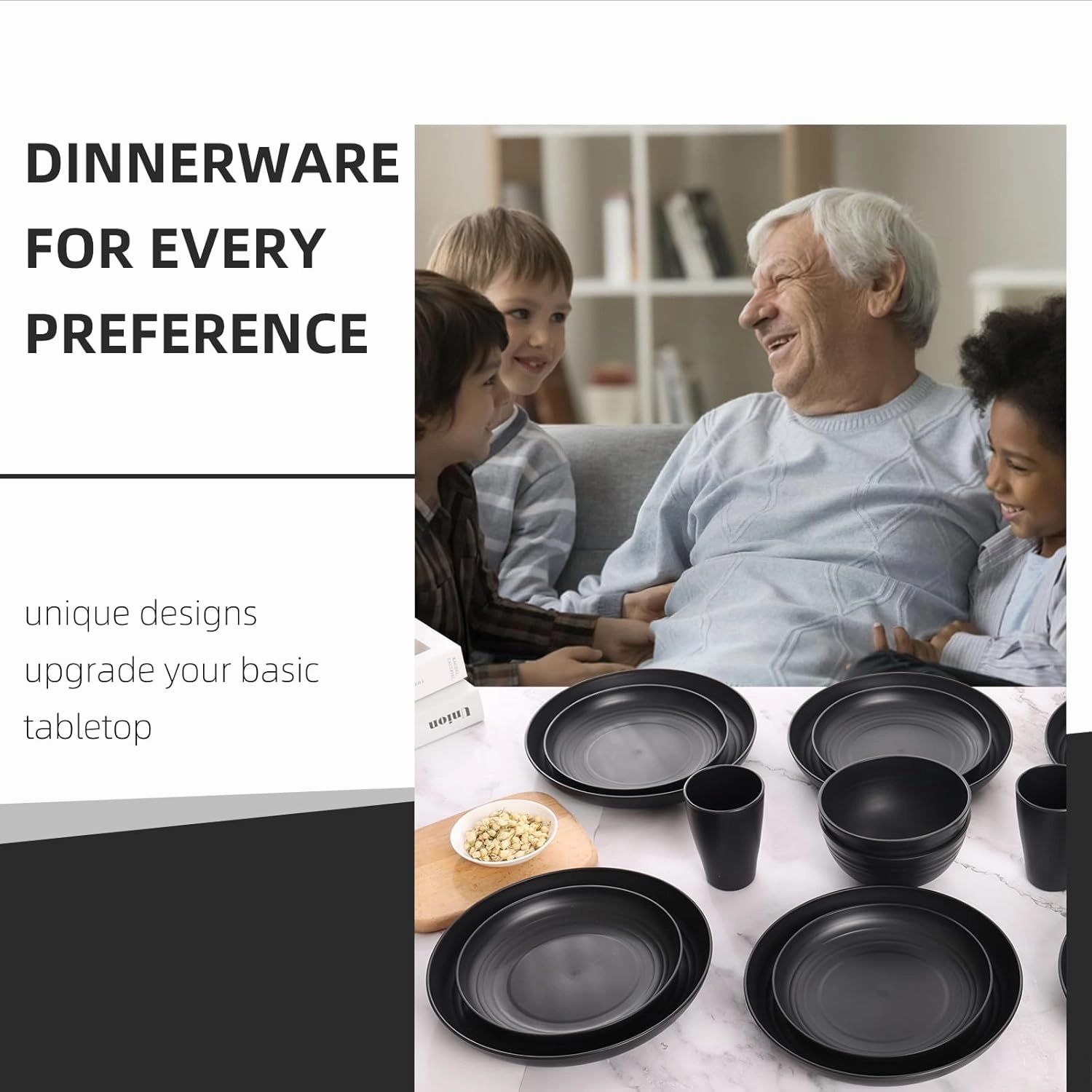 Black Plates and Bowls Sets for 8,Wheat Straw Dinnerware Sets Black Plastic Reusable Dishwasher Safe for Kitchen Camping,32 Pcs Lightweight Unbreakable Plastic Dishes Set Outdoor