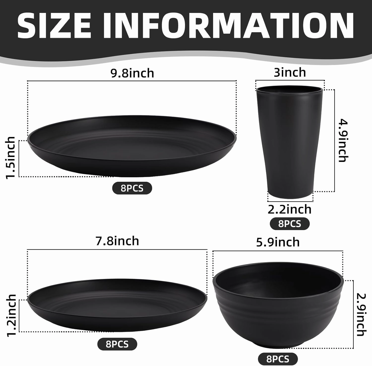 Black Plates and Bowls Sets for 8,Wheat Straw Dinnerware Sets Black Plastic Reusable Dishwasher Safe for Kitchen Camping,32 Pcs Lightweight Unbreakable Plastic Dishes Set Outdoor