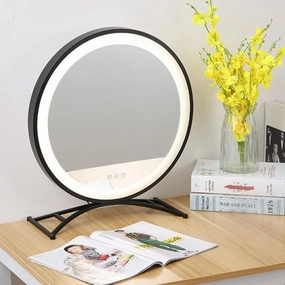Black Round Vanity Mirror with 3 Color Lights for Tabletop, Modern Desktop Lighted Makeup Mirror for Daily Makeup, Selfie Fill Light, Gold, White (Color : Black Frame, Size : 23.5inch(60cm))