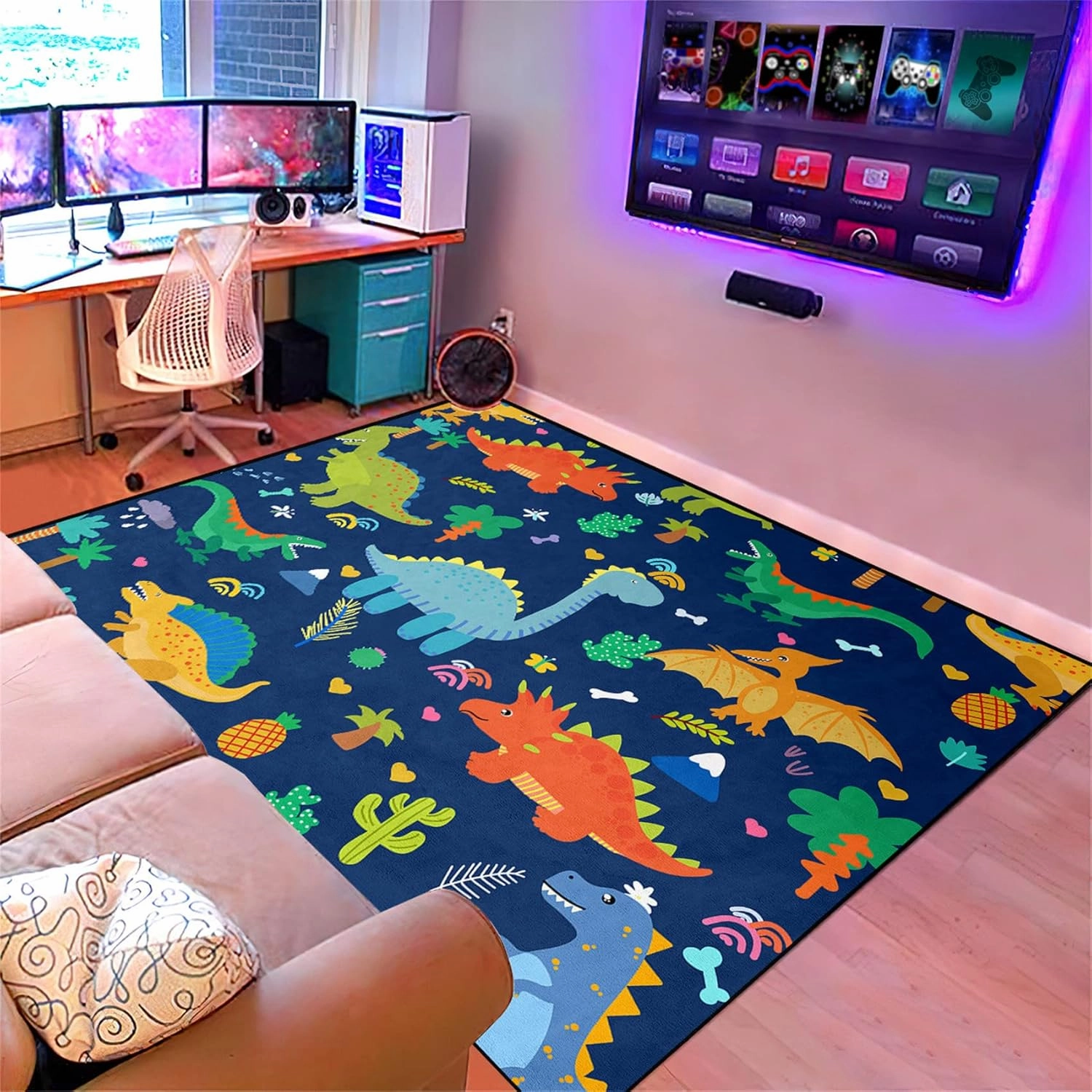 Blue Dinosaurs Area Rugs for Kids Cartoon Lovely Animal Patterns Carpet Dinosaur Rugs for Boys Bedroom Living Dinning Room Bedroom Kitchen Playing Room, 4'×5'