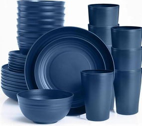 Blue Plates and Bowls Sets for 8,32 Pcs Unbreakable Dinnerware Set Plastic,Dishwasher and Microwave Safe,Lightweight Plastic Dishes Set for 4th of july Apartment Essentials Kitchen Dining Set