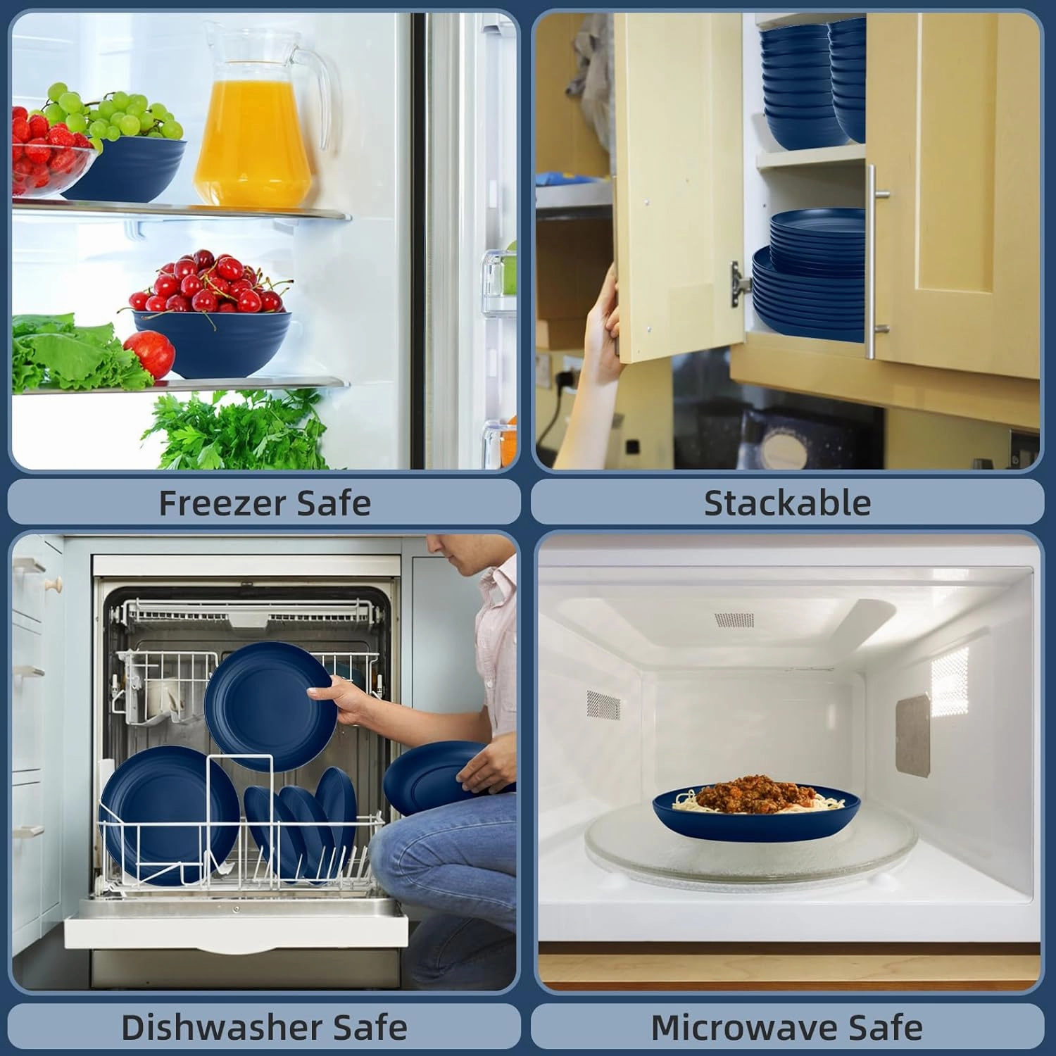 Blue Plates and Bowls Sets for 8,32 Pcs Unbreakable Dinnerware Set Plastic,Dishwasher and Microwave Safe,Lightweight Plastic Dishes Set for 4th of july Apartment Essentials Kitchen Dining Set