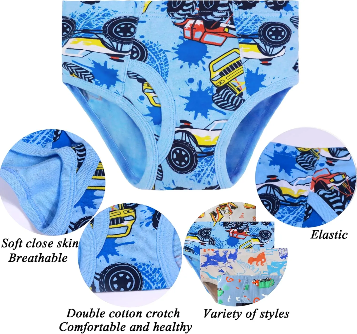 Boboking 100% Cotton Little Boys Briefs Soft Dinosaur Truck Toddler Underwear