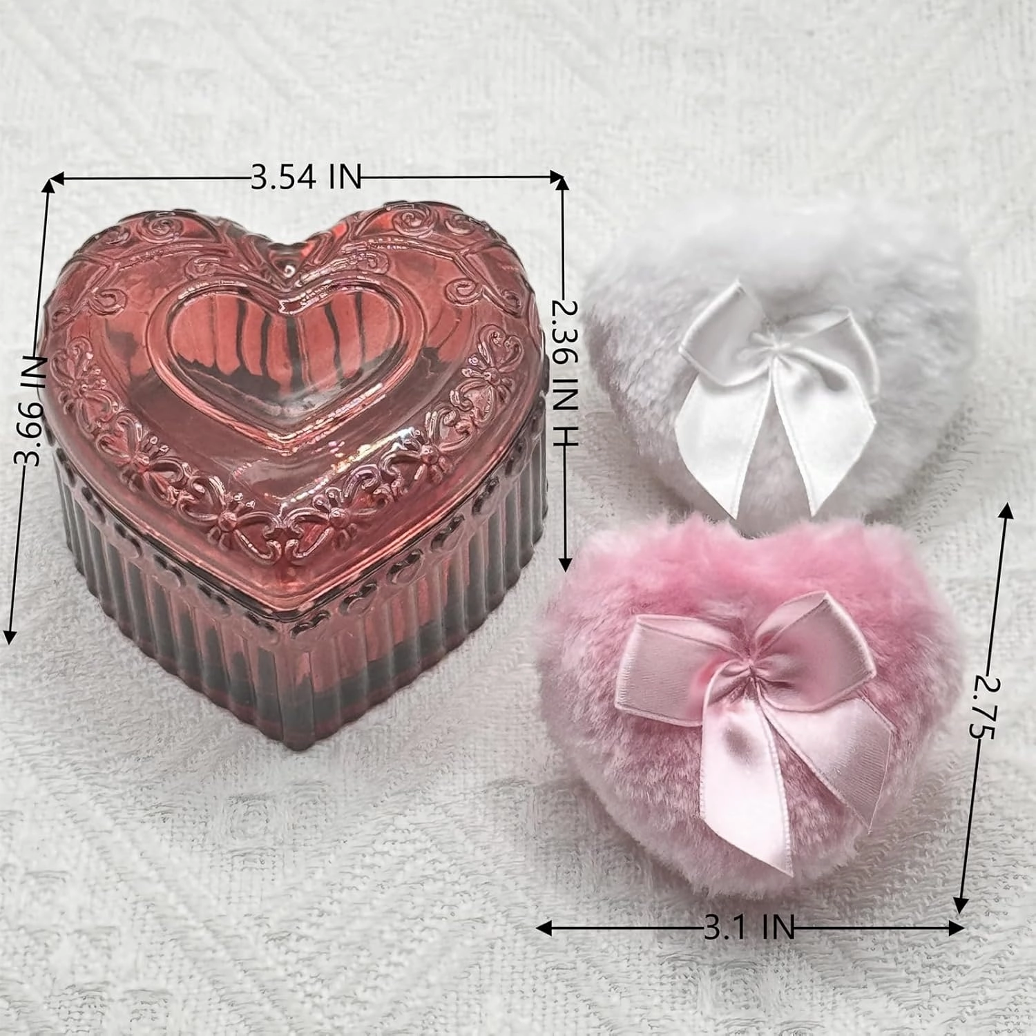 Body Powder Puff and Container - Glass Heart Dusting Powder Container with 2 Soft Puffs – Vintage Powder Puff Case for Women & Girls-GRB007-Red