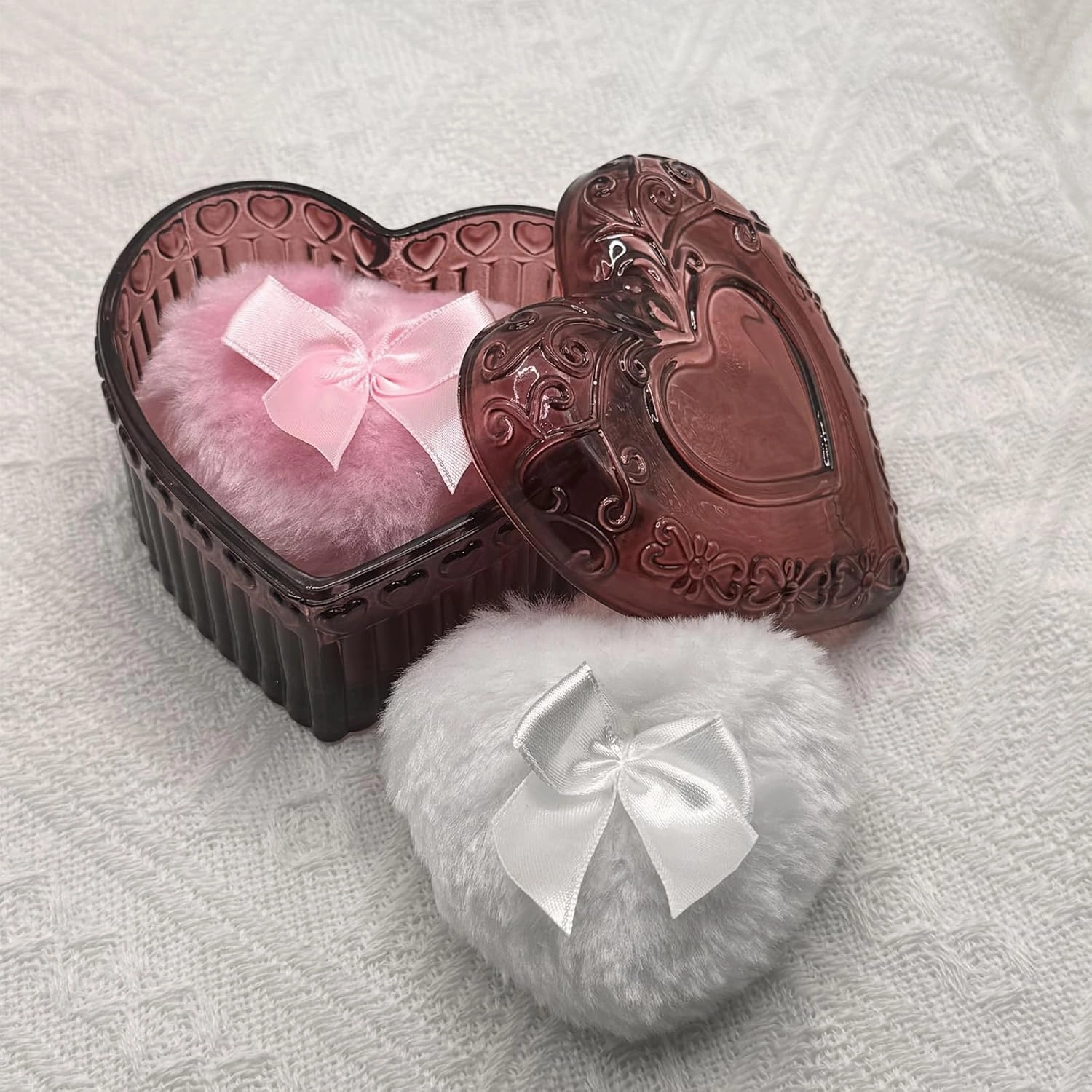 Body Powder Puff and Container - Glass Heart Dusting Powder Container with 2 Soft Puffs – Vintage Powder Puff Case for Women & Girls-GRB007-Red