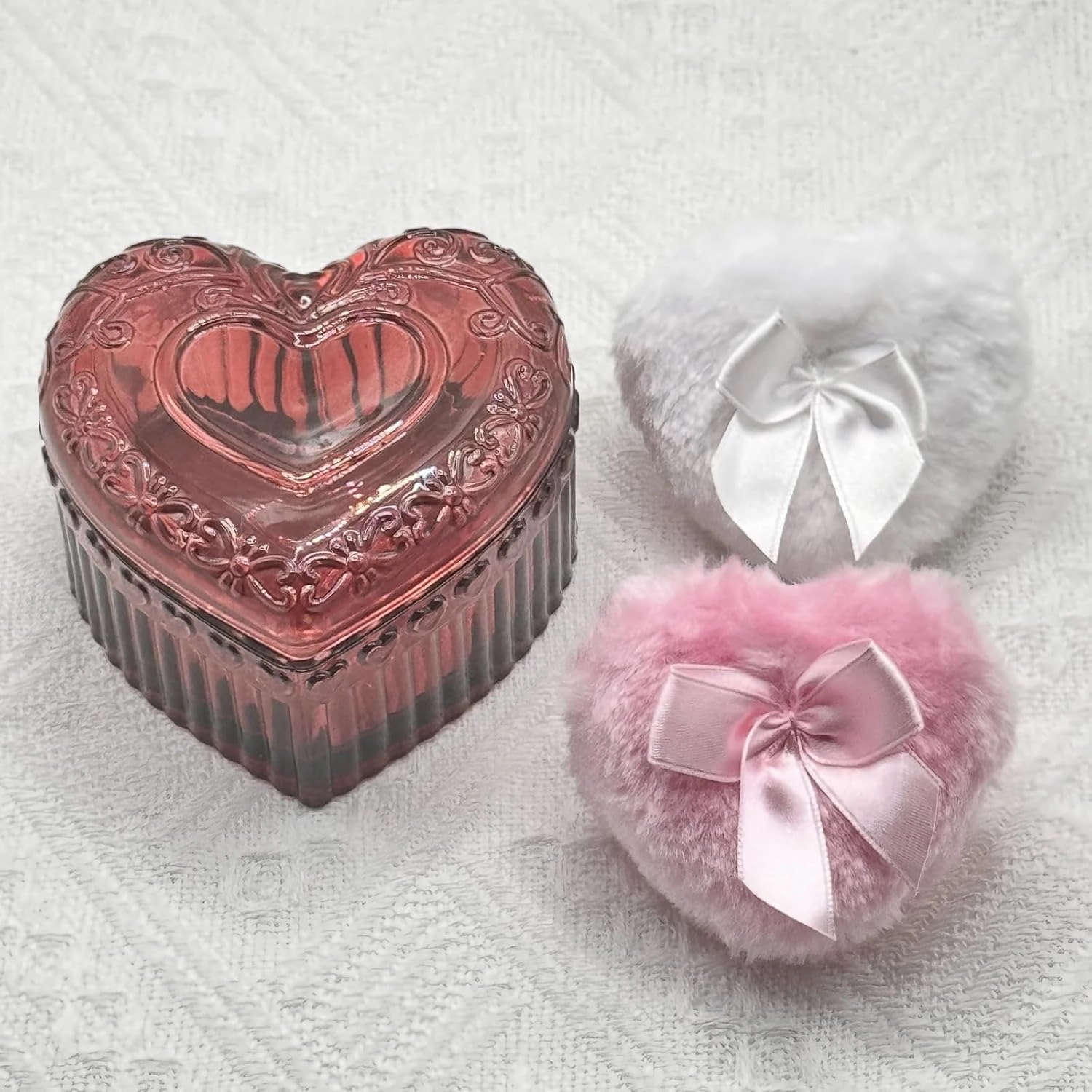 Body Powder Puff and Container - Glass Heart Dusting Powder Container with 2 Soft Puffs – Vintage Powder Puff Case for Women & Girls-GRB007-Red
