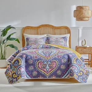 Boho Quilt Set King Size - Reversible Summer Bohemian Quilt Bedding Set, 3 Pieces Colorful Lightweight Microfiber Bedspread Pink Yellow Purple Paisley Coverlet Set with 2 Pillow Shams for All Seasons