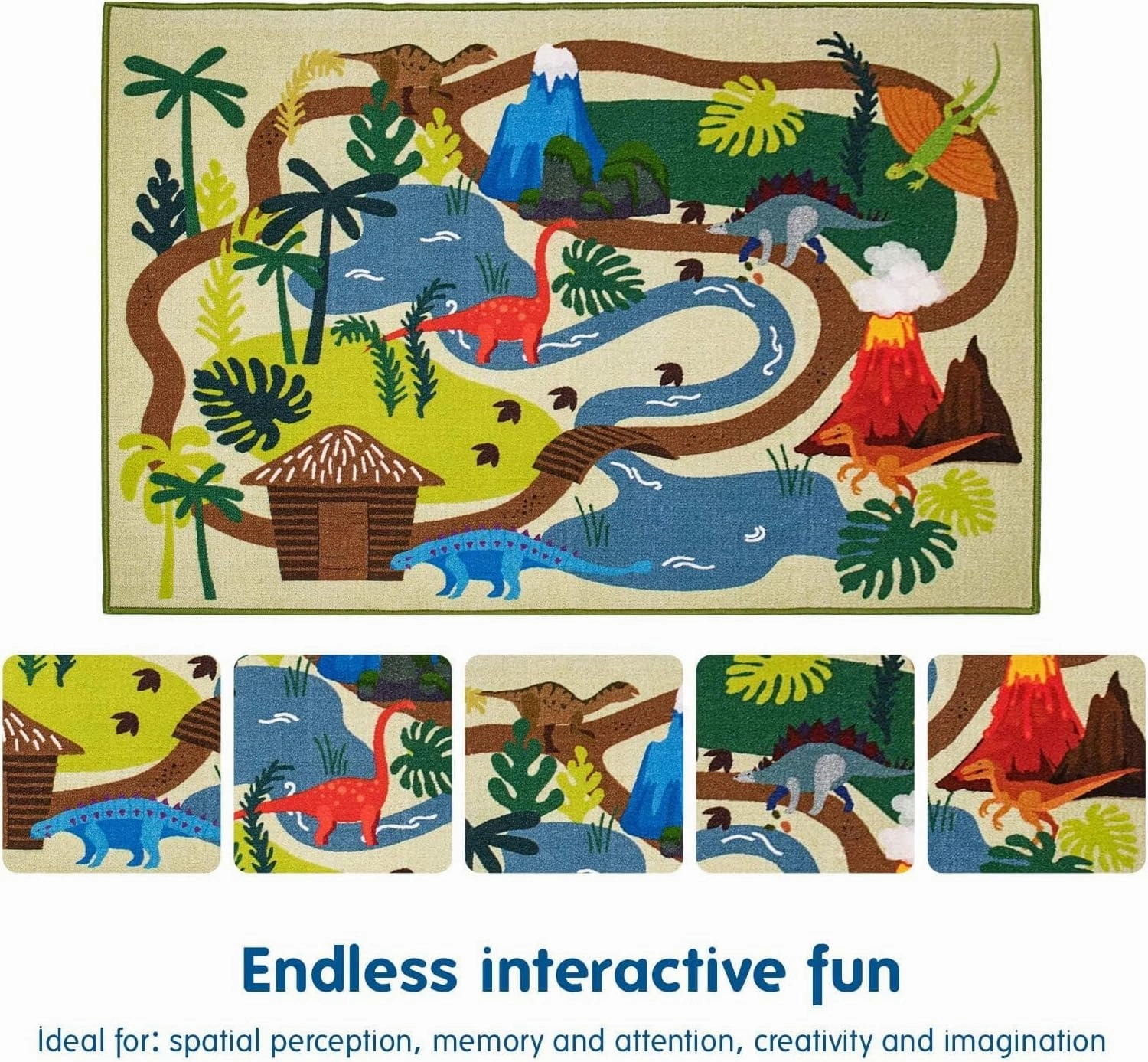 Booooom Jackson Dinosaur Rug,Prehistoric Adventure Play Rug - Polyester with Non-Slip Latex Backing,Dinosaur Land Play Mat Carpet Area Rug for Kids Room