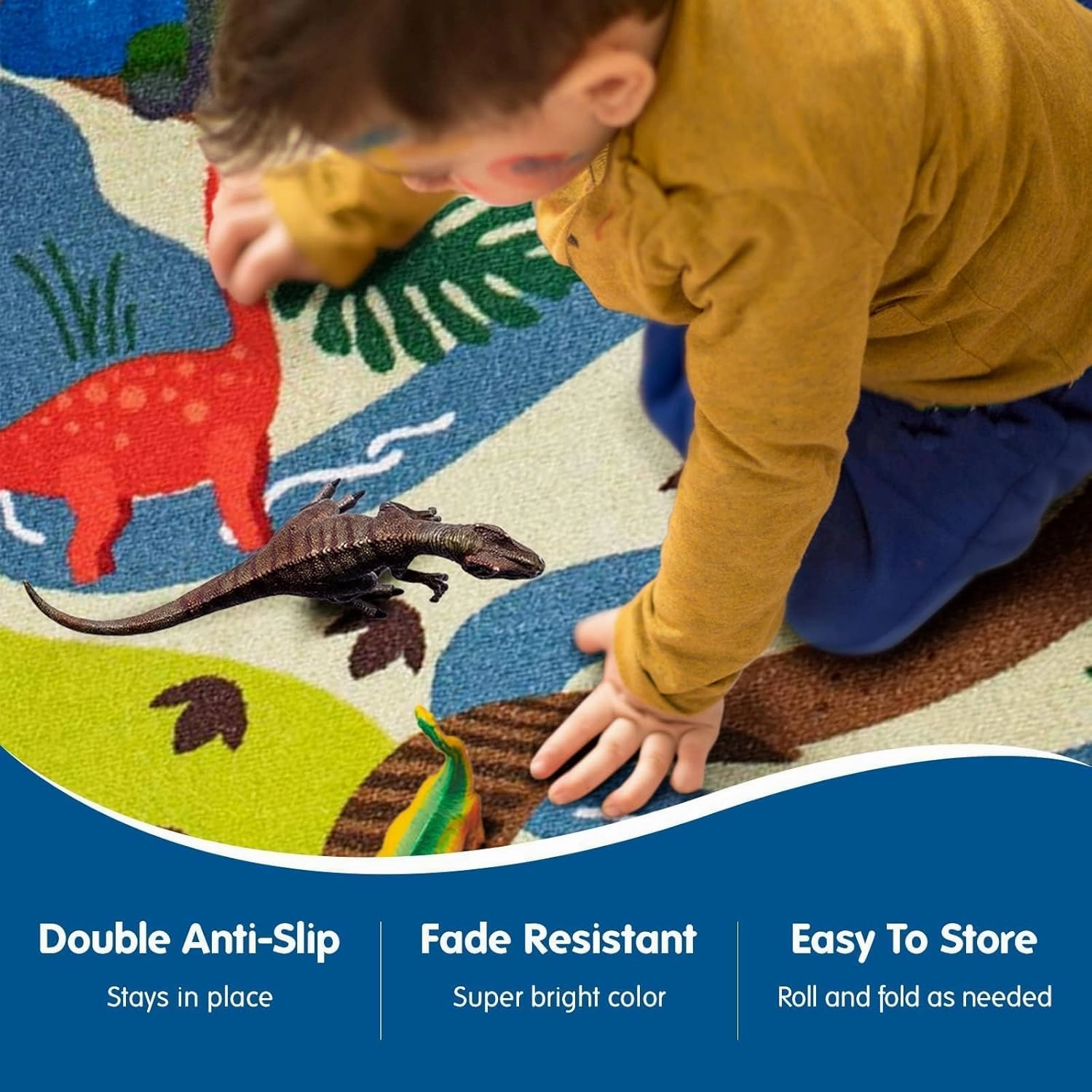 Booooom Jackson Dinosaur Rug,Prehistoric Adventure Play Rug - Polyester with Non-Slip Latex Backing,Dinosaur Land Play Mat Carpet Area Rug for Kids Room