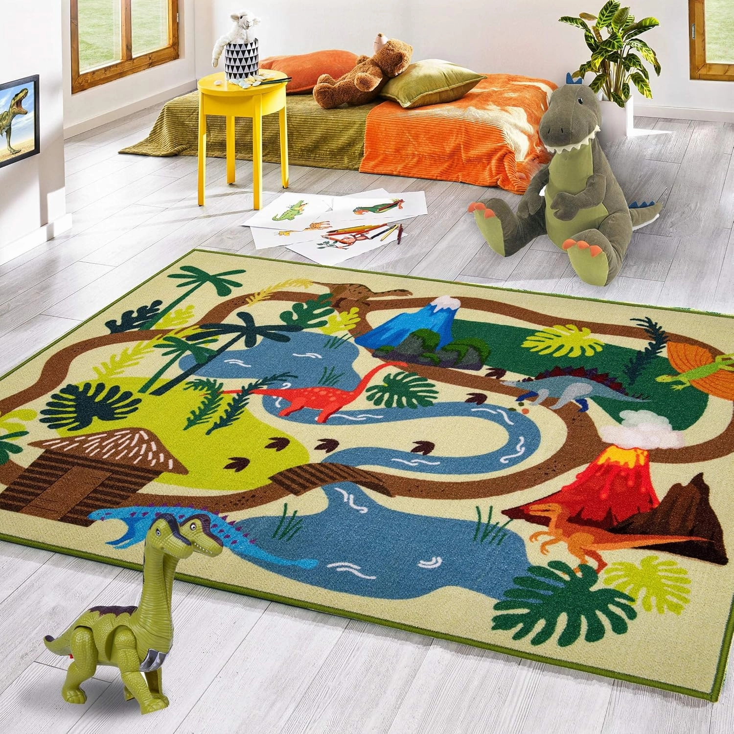 Booooom Jackson Dinosaur Rug,Prehistoric Adventure Play Rug - Polyester with Non-Slip Latex Backing,Dinosaur Land Play Mat Carpet Area Rug for Kids Room