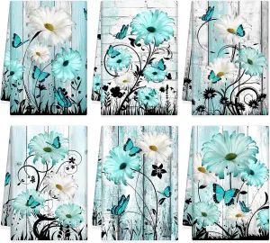 Breling Set of 6 Teal Daisy Kitchen Towel Vintage Themed Dish Towel Bathroom Decorative Rustic Tea Cloths for Kitchen Bathroom Home Cooking Housewarming Gifts, 14 x 21 Inch