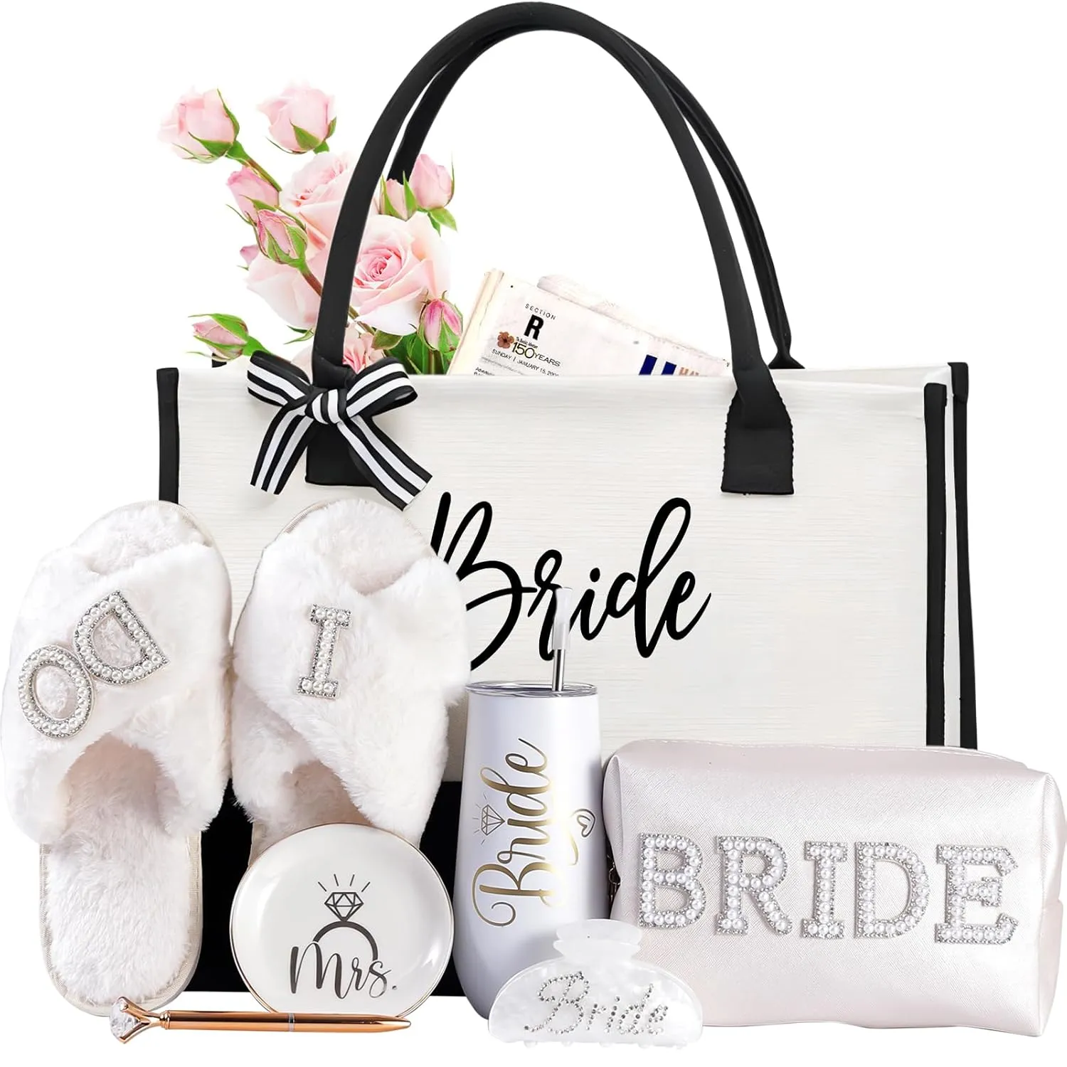 Bridal Shower Gift Box for Bride to Be – 7-Piece Set with Tumbler, Tote, Slippers, Makeup Bag & More-Engagement Gift for Future Mrs – Bachelorette Party Gifts for Her