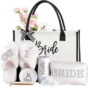 Bridal Shower Gift Box for Bride to Be – 7-Piece Set with Tumbler, Tote, Slippers, Makeup Bag & More-Engagement Gift for Future Mrs – Bachelorette Party Gifts for Her