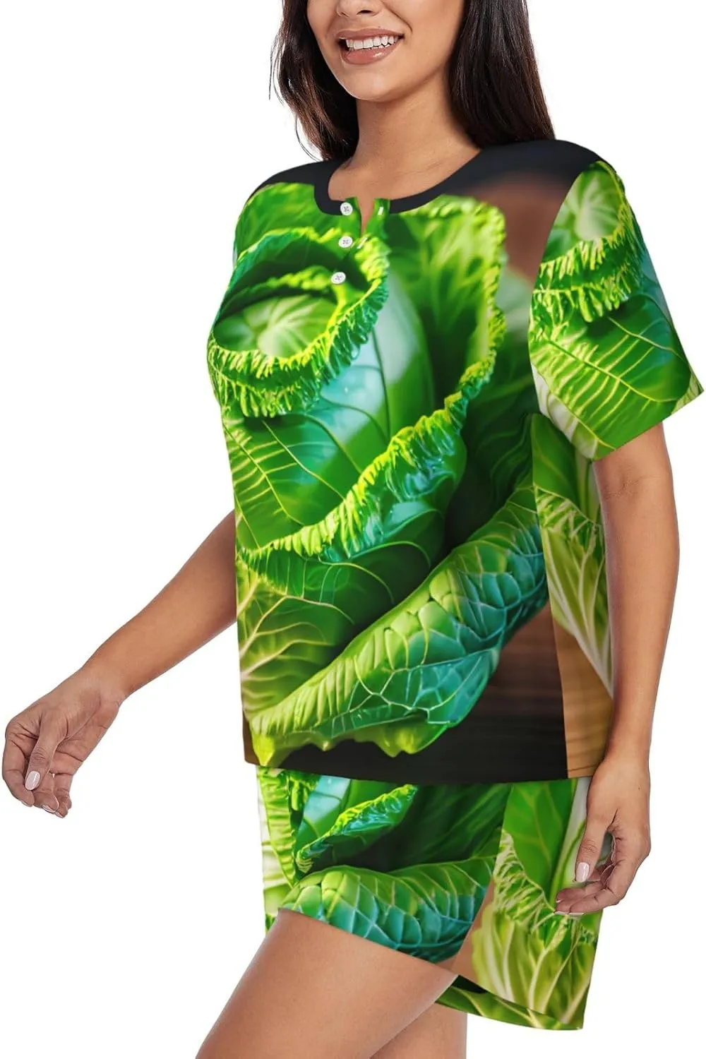 Bright Cabbage Print Women Style Short Sleeve Pajama Sets Soft And Comfy Nightwear For Home Outings