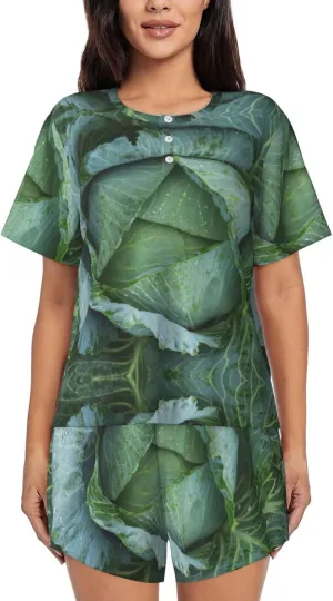 Bright Cabbage Print Women Style Short Sleeve Pajama Sets Soft And Comfy Nightwear For Home Outings