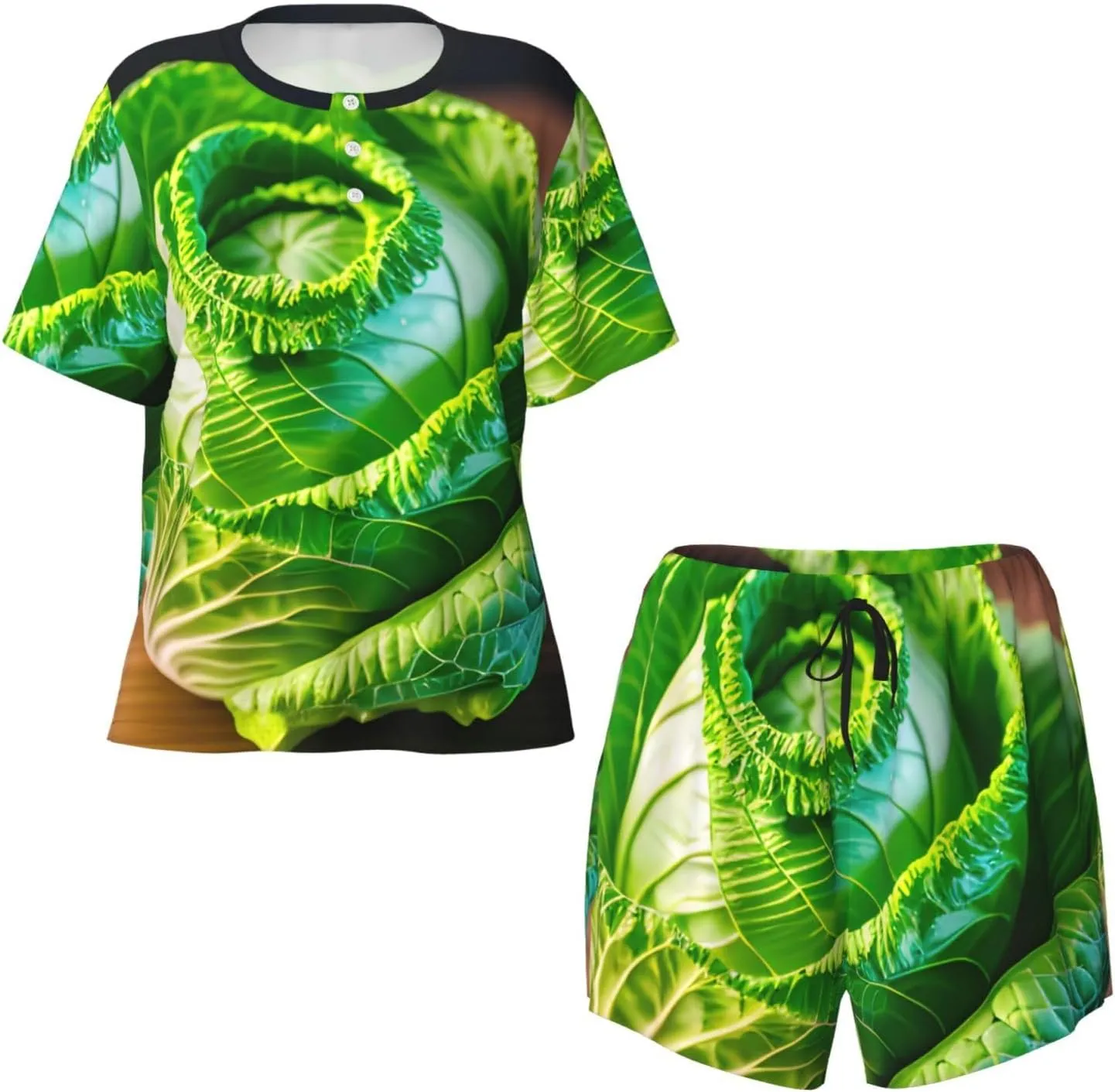 Bright Cabbage Print Women Style Short Sleeve Pajama Sets Soft And Comfy Nightwear For Home Outings