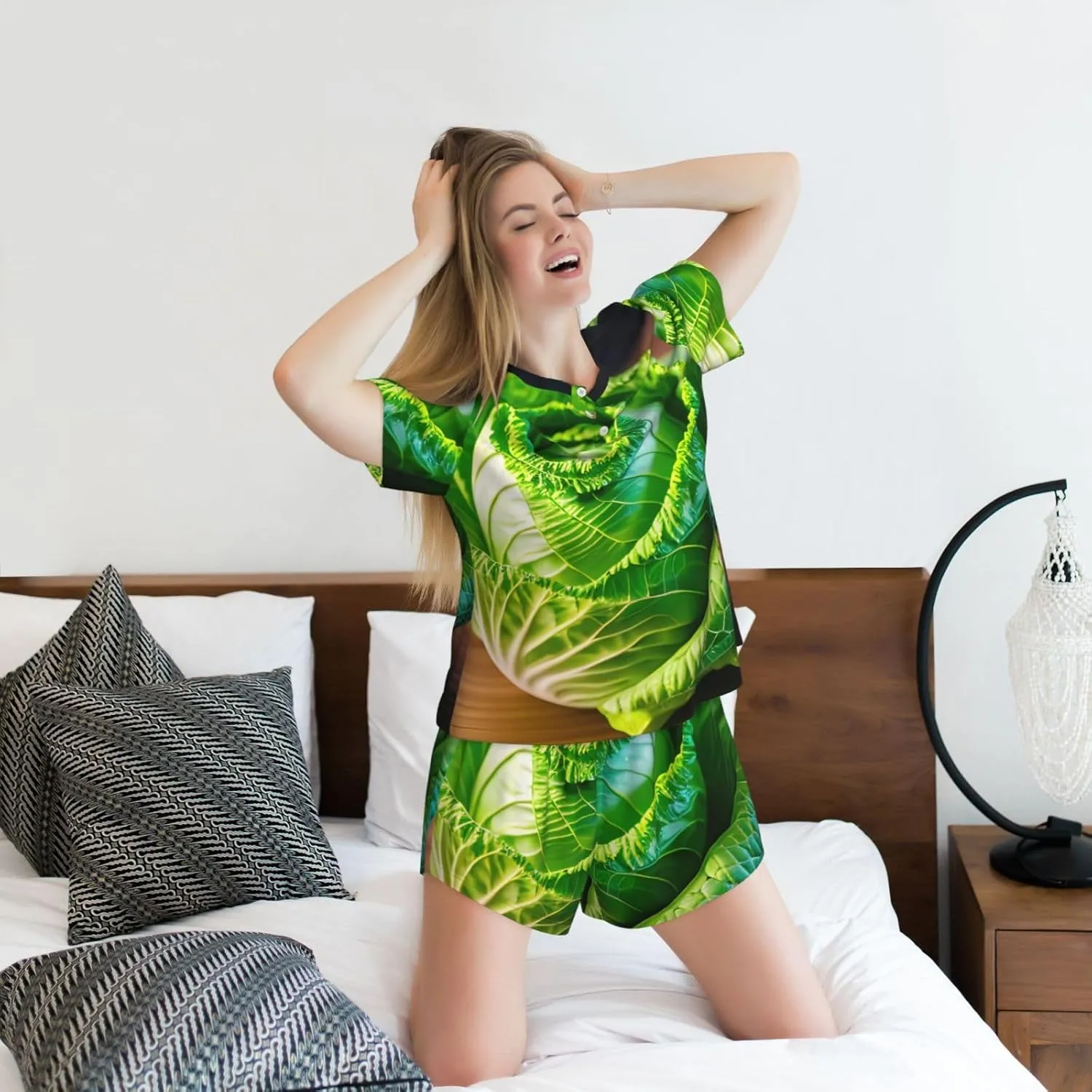 Bright Cabbage Print Women Style Short Sleeve Pajama Sets Soft And Comfy Nightwear For Home Outings