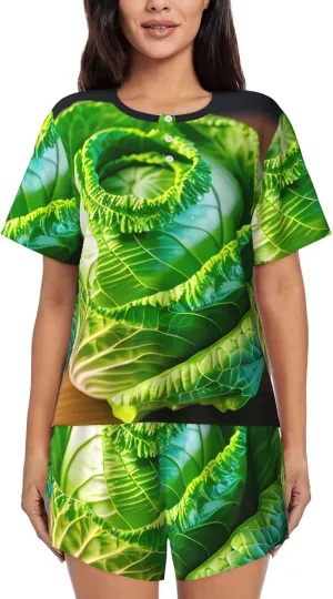 Bright Cabbage Print Women Style Short Sleeve Pajama Sets Soft And Comfy Nightwear For Home Outings