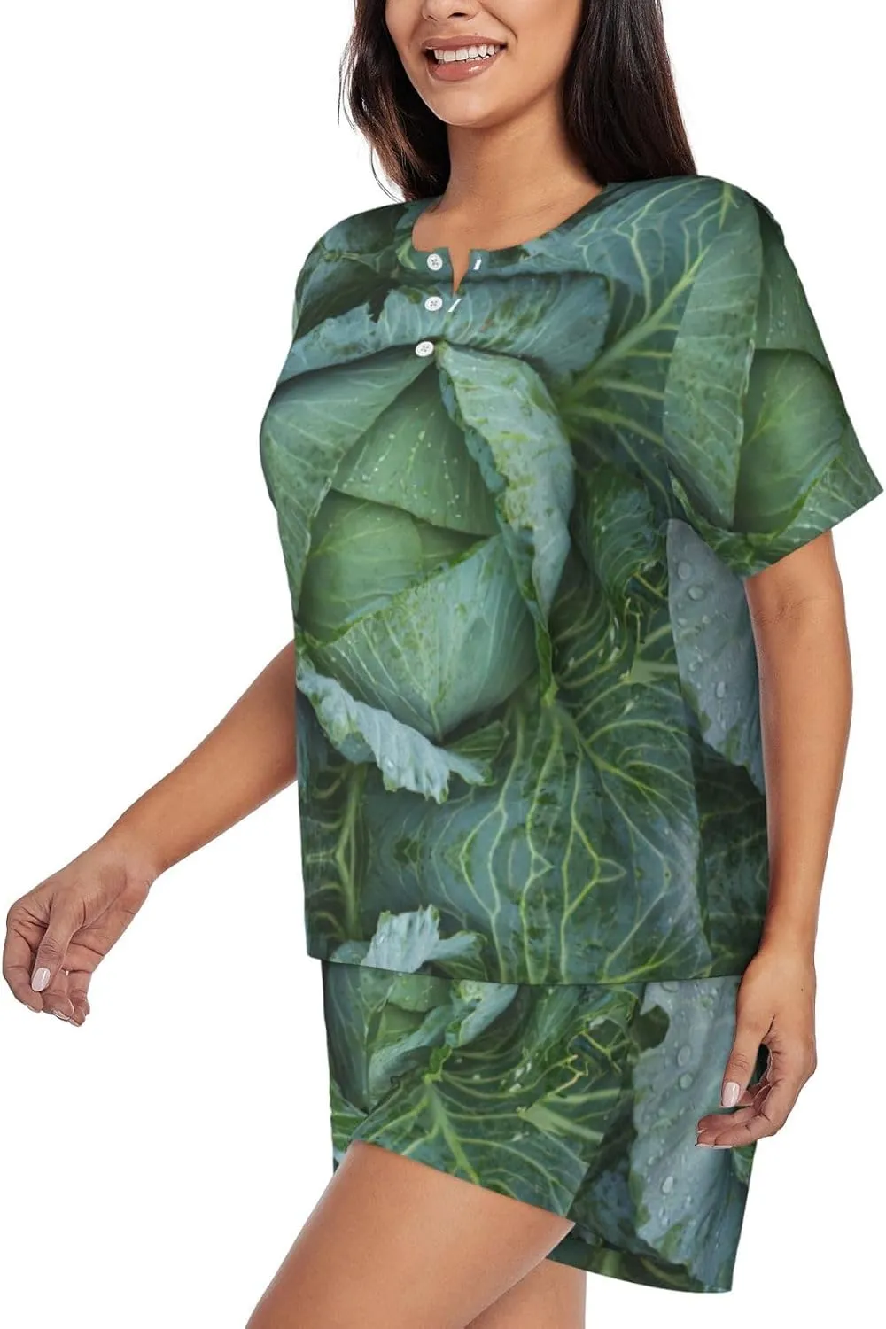 Bright Cabbage Print Women Style Short Sleeve Pajama Sets Soft And Comfy Nightwear For Home Outings