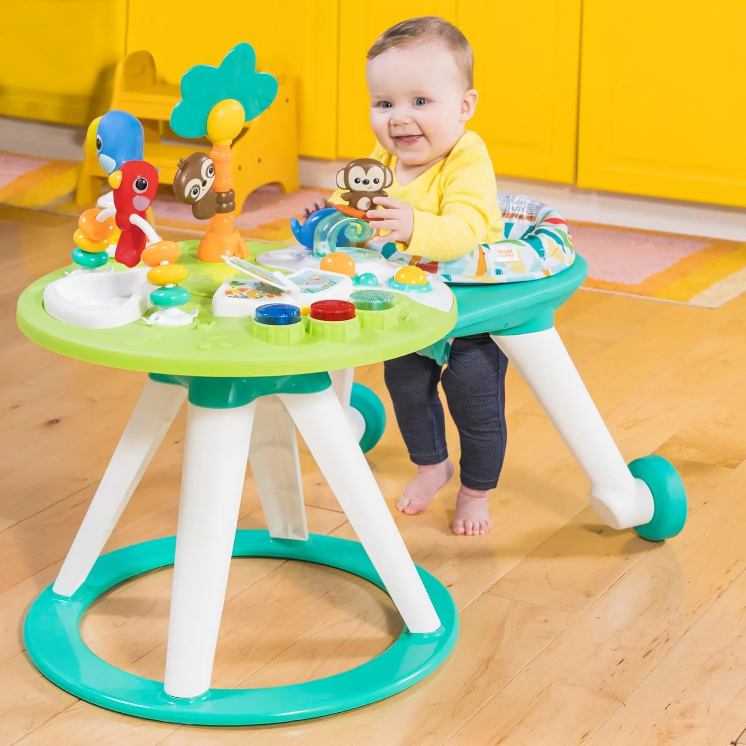 Bright Starts Around We Go 2-in-1 Baby Walker, Discovery Activity Center and Table, Tropic Cool, Ages 6 Months 