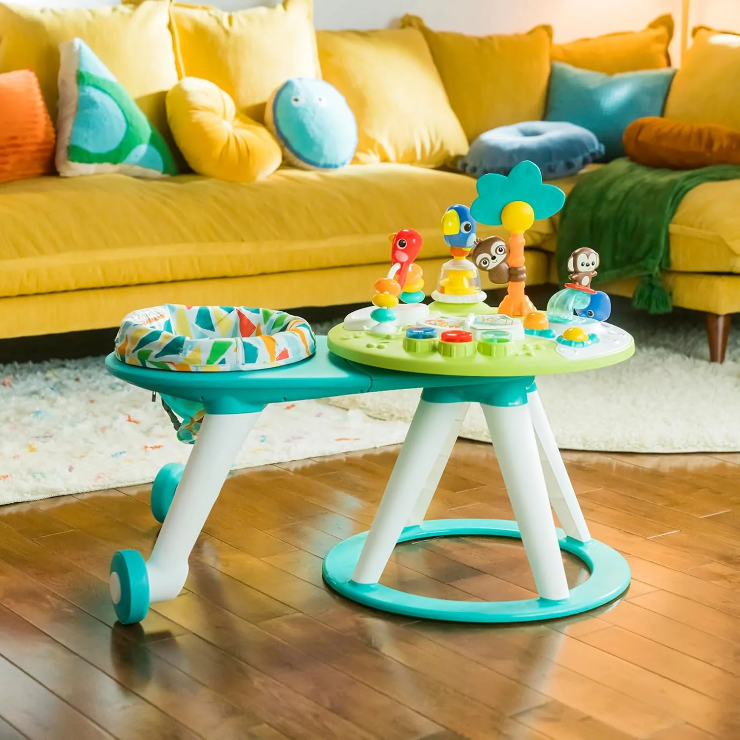 Bright Starts Around We Go 2-in-1 Baby Walker, Discovery Activity Center and Table, Tropic Cool, Ages 6 Months 