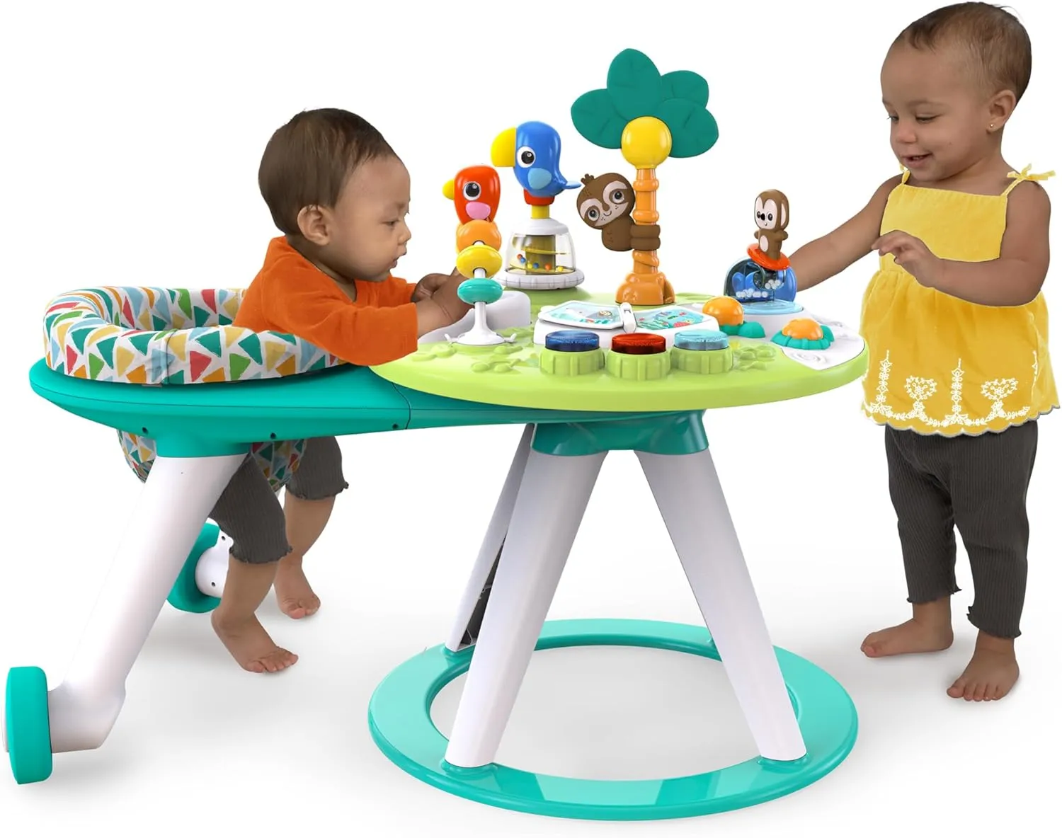 Bright Starts Around We Go 2-in-1 Baby Walker, Discovery Activity Center and Table, Tropic Cool, Ages 6 Months 
