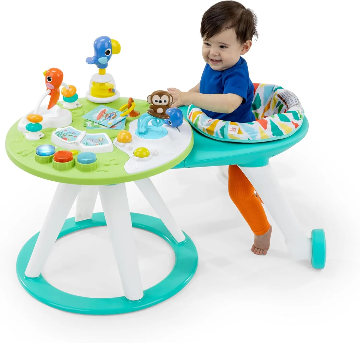 Bright Starts Around We Go 2-in-1 Baby Walker, Discovery Activity Center and Table, Tropic Cool, Ages 6 Months 
