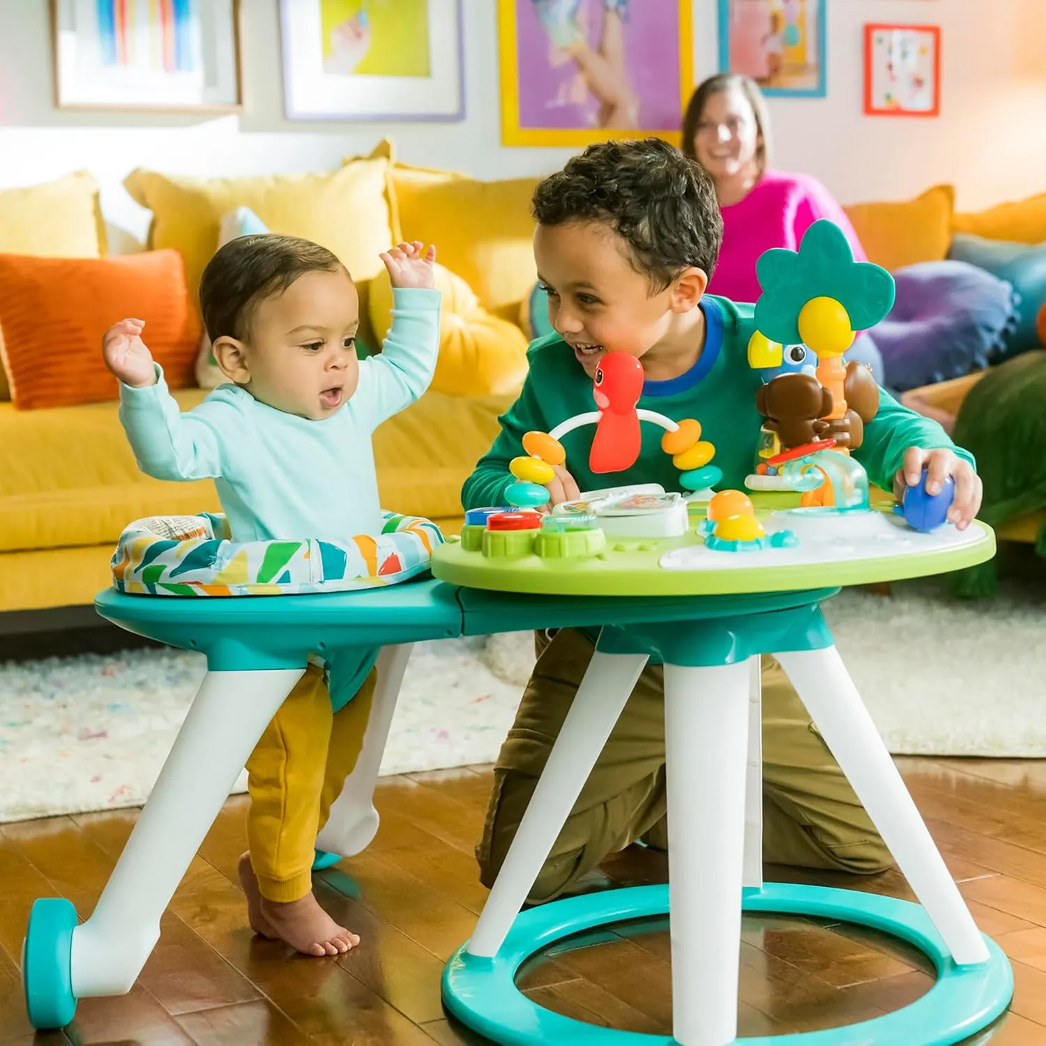 Bright Starts Around We Go 2-in-1 Baby Walker, Discovery Activity Center and Table, Tropic Cool, Ages 6 Months 