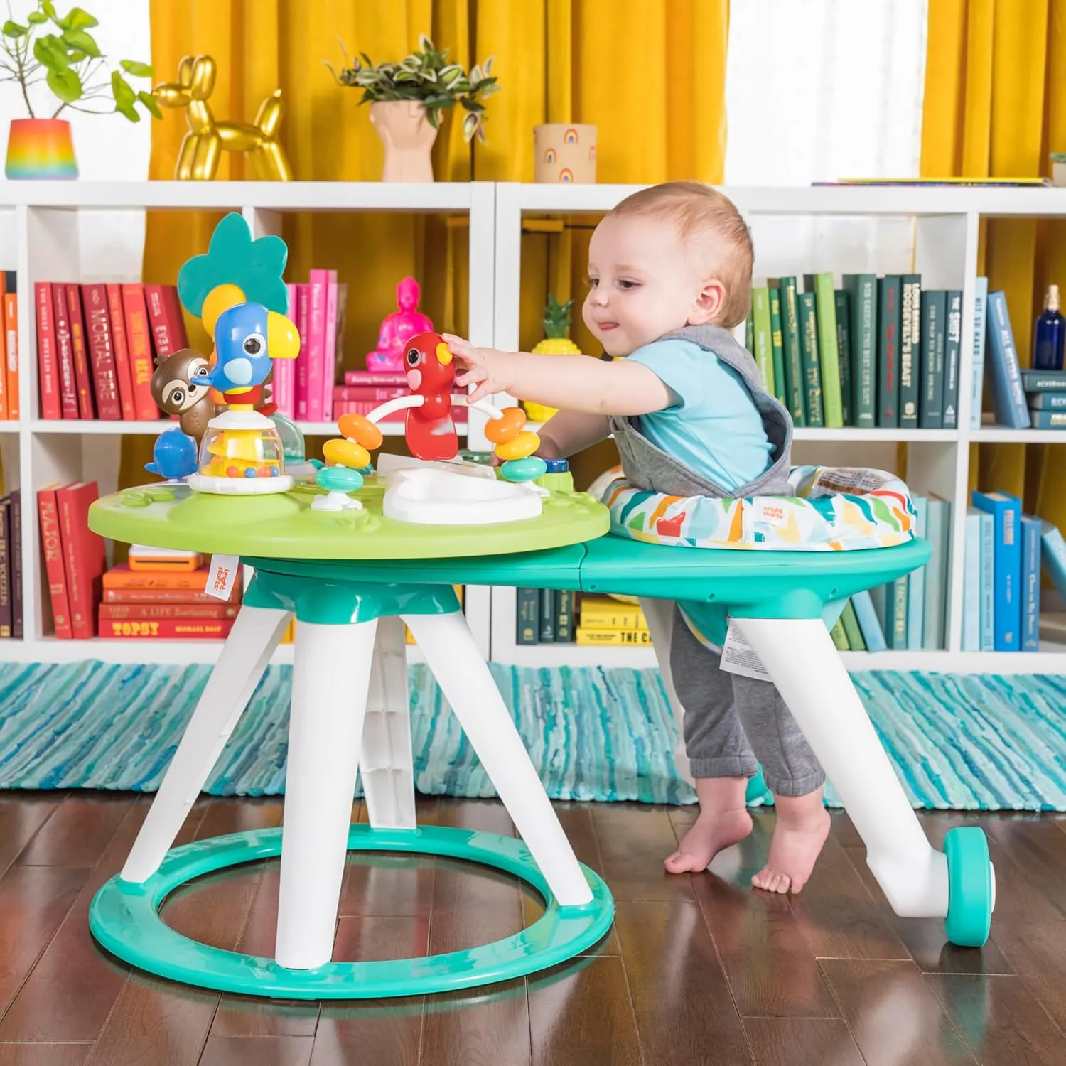 Bright Starts Around We Go 2-in-1 Baby Walker, Discovery Activity Center and Table, Tropic Cool, Ages 6 Months 