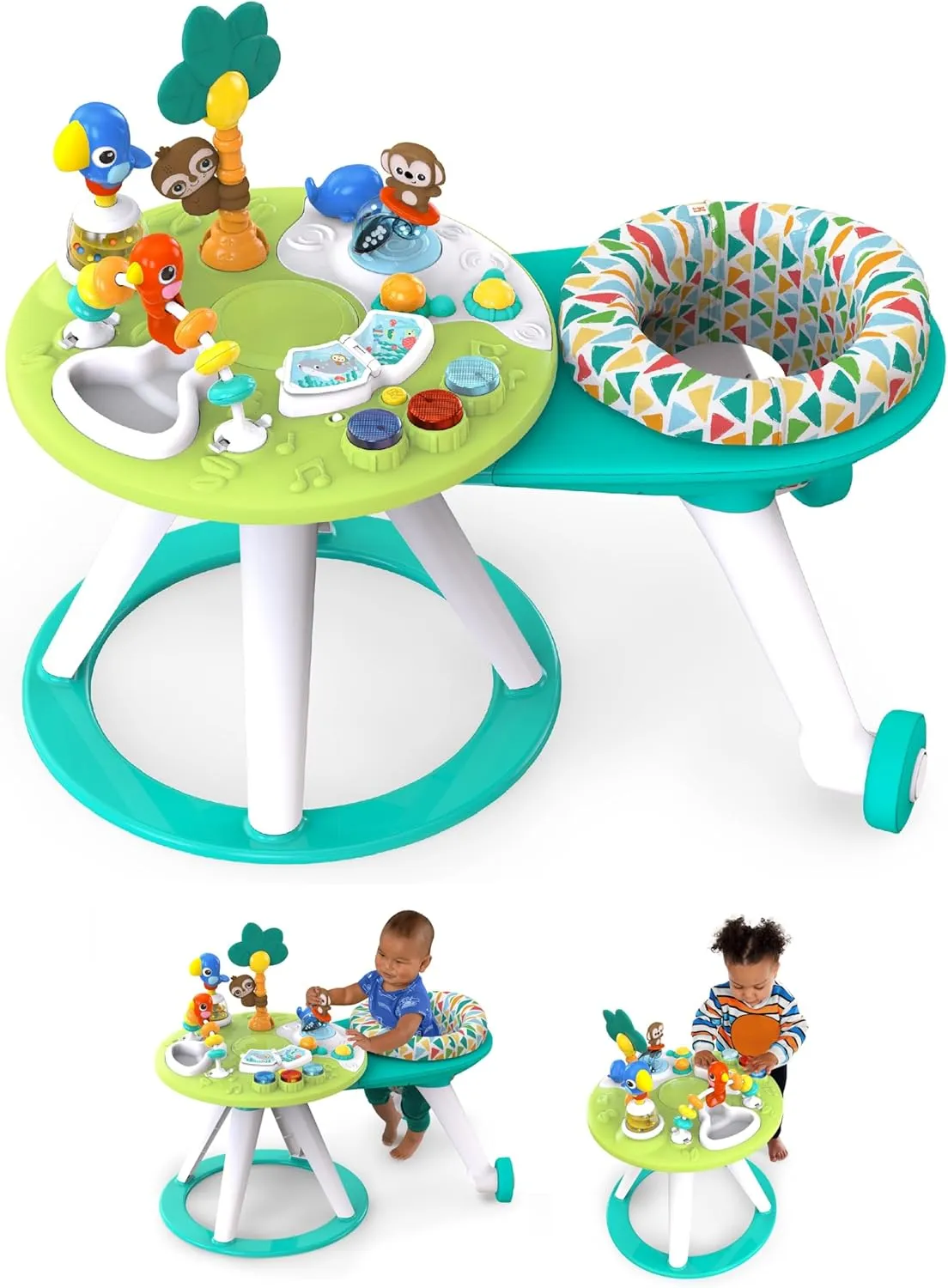 Bright Starts Around We Go 2-in-1 Baby Walker, Discovery Activity Center and Table, Tropic Cool, Ages 6 Months 